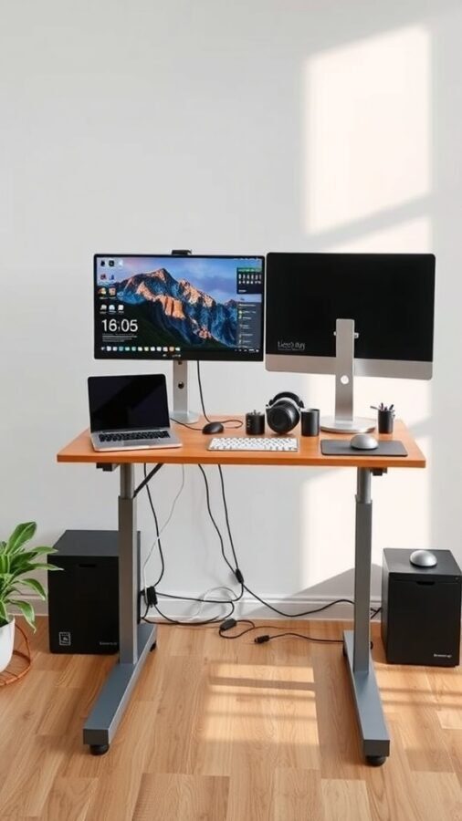 A modern standing desk setup with dual monitors, a laptop, and various tech gadgets.