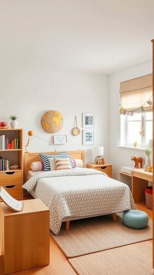 A cozy family-friendly bedroom with warm wood tones, a central bed, playful striped pillows, and organized storage.