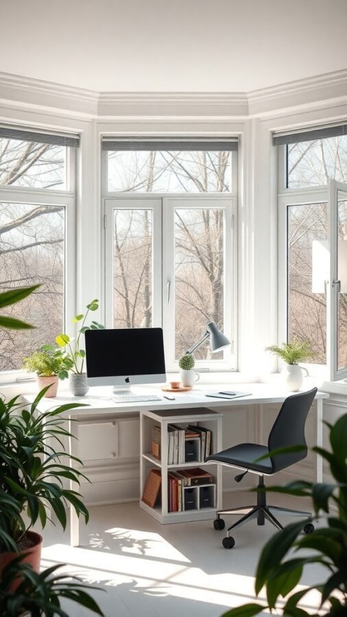 A bright home office with large windows, a white desk, and plants, showcasing natural light.