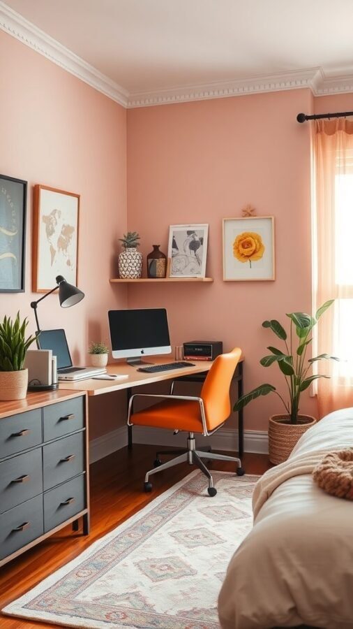 17 Stylish Home Office Guest Room Combos for Ultimate Efficiency 8 A cozy home office guest room combo featuring soft pink walls, an orange chair, and plants.