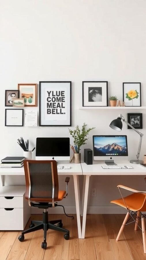 A stylish dual desk setup featuring two computers, framed artwork, and plants.