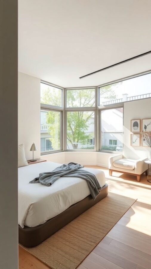 A modern minimalist guest bedroom with large windows, a low-profile bed, and a cozy chair.