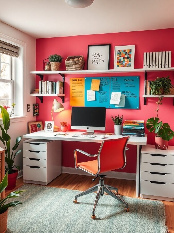 A modern home office with pink walls, a white desk, an orange chair, and plants.