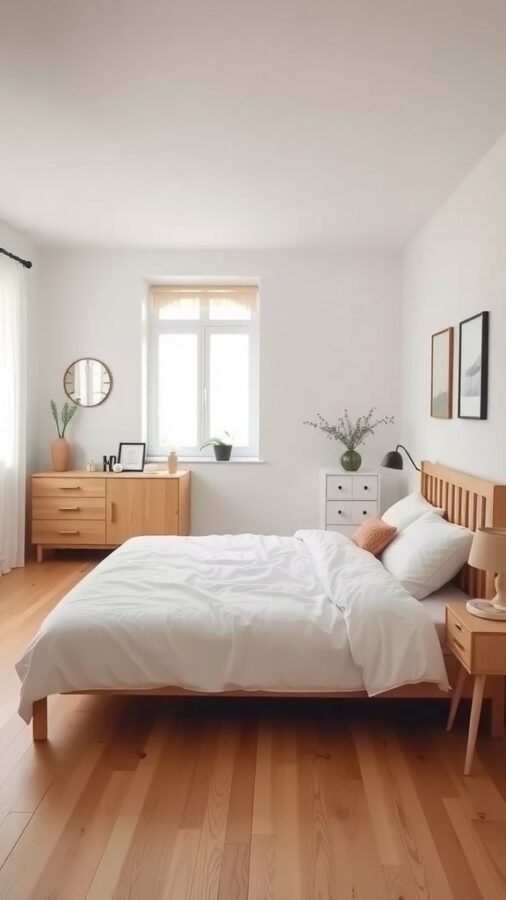 A minimalist Scandinavian bedroom featuring light wood furniture, white walls, and natural light.