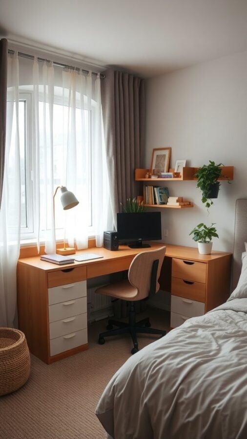 Cozy bedroom workspace with a desk, chair, and natural light
