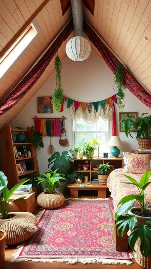 A cozy attic bedroom with a sloped ceiling, colorful textiles, plants, and playful decor.