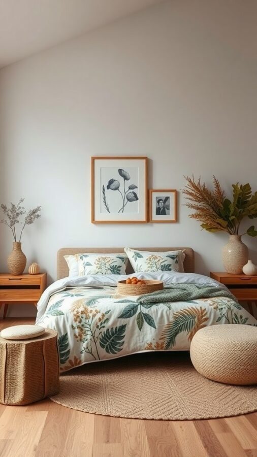 A nature-inspired bedroom featuring floral bedding, wooden furniture, and decorative plants.