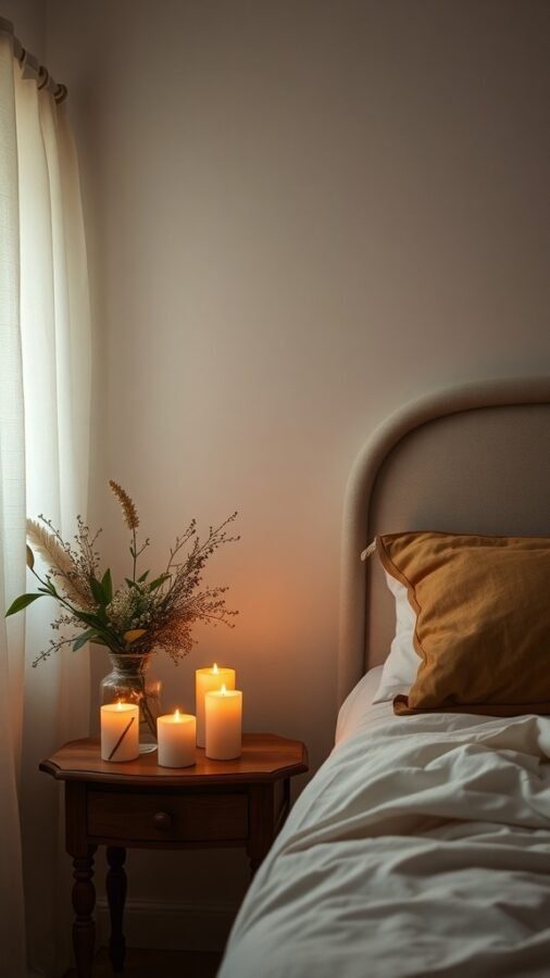 A cozy bedroom scene featuring scented candles on a bedside table next to a bed with a decorative pillow.