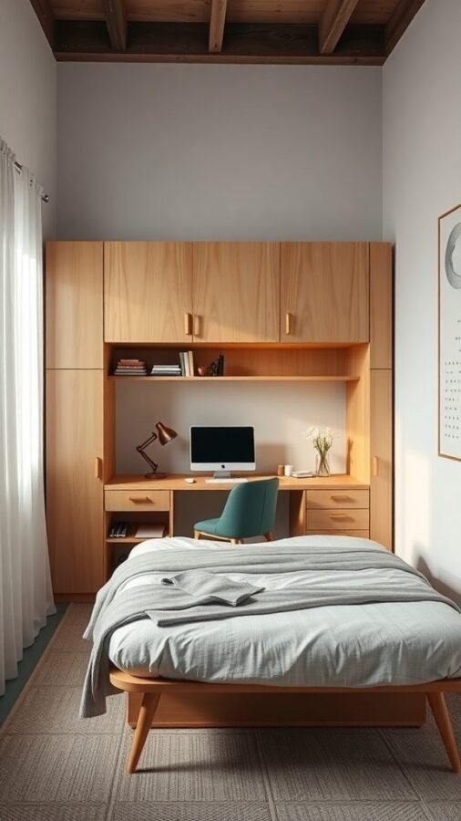 Cozy bedroom with a foldable desk setup, featuring warm wood tones and a stylish chair.