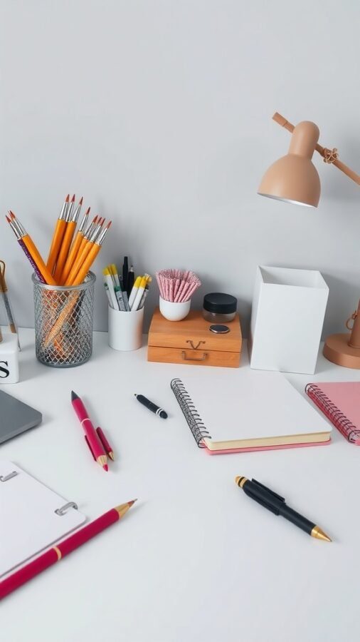 A stylish home office setup featuring colorful pens, notebooks, and a lamp.