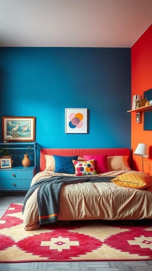 A bedroom featuring a blue and red accent wall, colorful pillows, and a patterned rug.