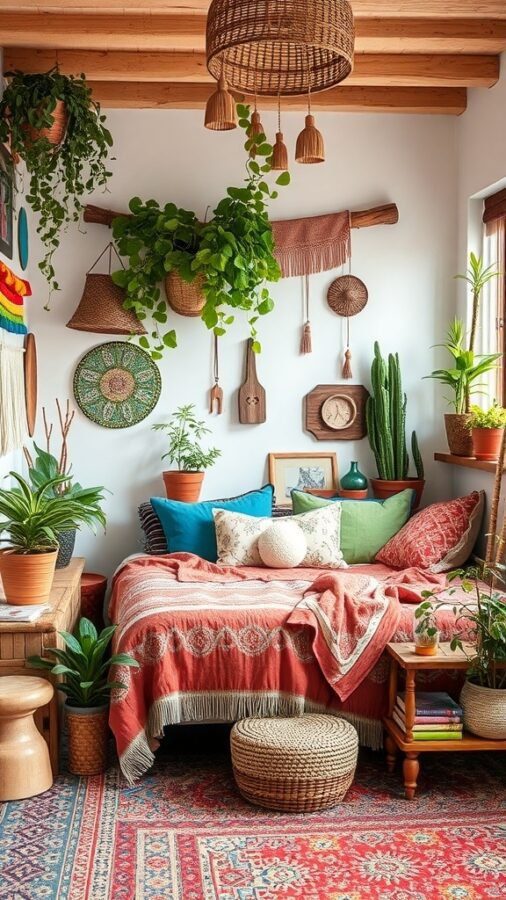 A cozy bohemian chic bedroom with plants, colorful bedding, and woven decor.