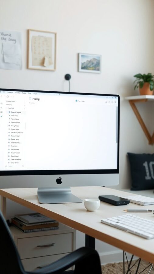 A modern home office setup featuring a computer with a digital filing system displayed on the screen.
