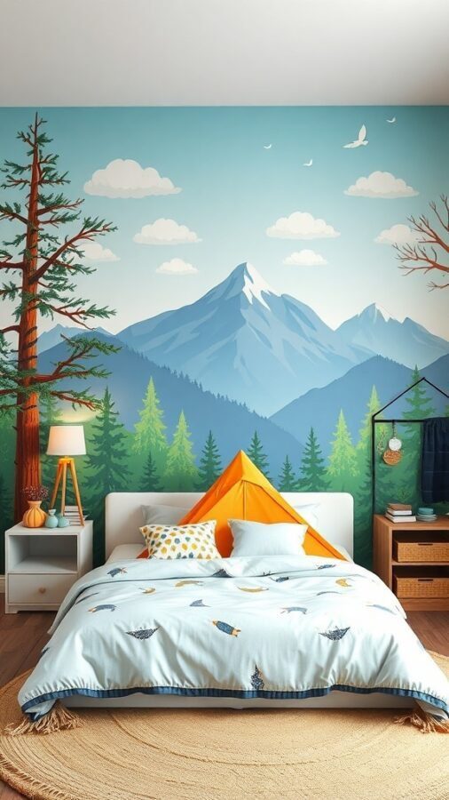 A cozy adventure-themed boys bedroom featuring a mountain mural, a bed with a playful duvet, and an orange tent.