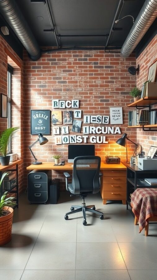 A stylish industrial chic home office featuring exposed brick walls, wooden desks, and modern decor.
