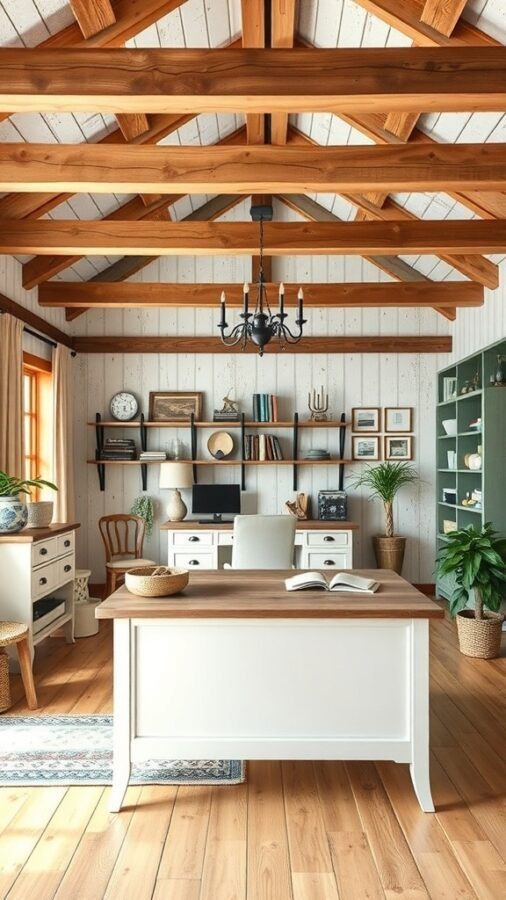 A rustic farmhouse style home office featuring wooden beams, a spacious desk, and cozy decor.