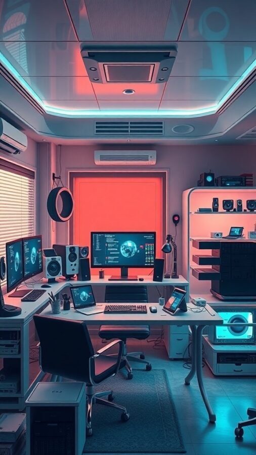 17 Inspiring Home Office Ideas for Men 11 A modern home office setup featuring multiple monitors, sleek furniture, and vibrant lighting.