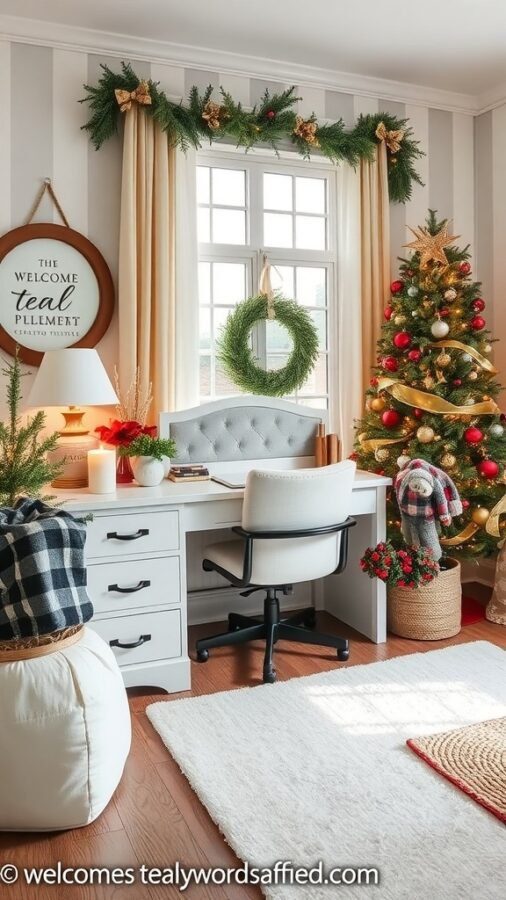 17 Stylish Home Office Guest Room Combos for Ultimate Efficiency 17 A cozy home office with seasonal decor, featuring a desk, a Christmas tree, and warm textiles.