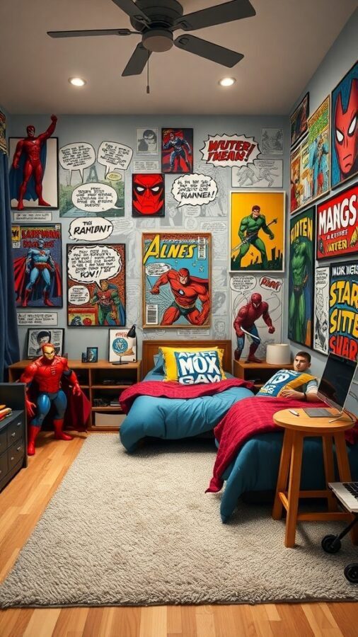 A superhero-themed bedroom with comic book art, action figures, and colorful bedding.
