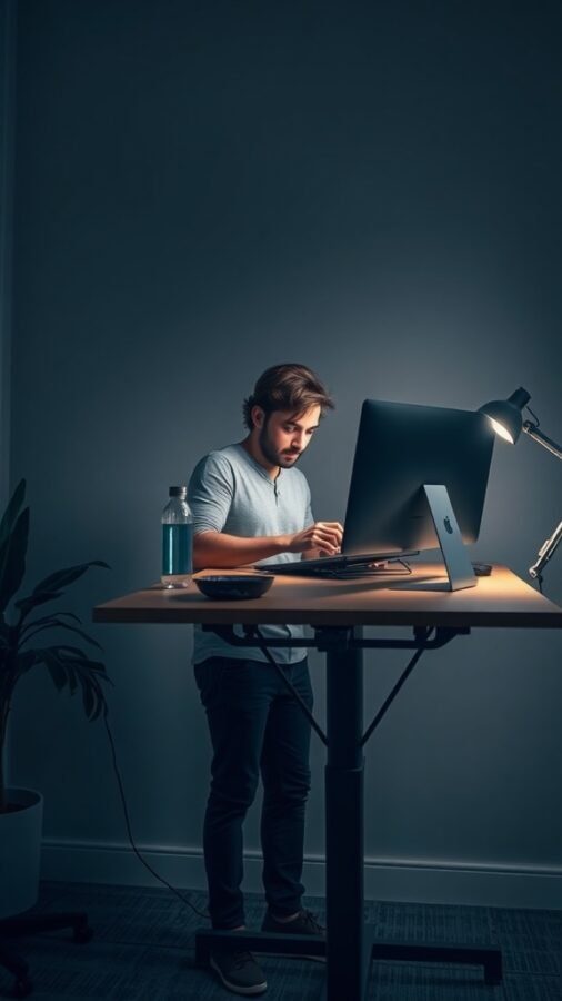 A person working at a standing desk in a home office setting, focused on their computer with a water bottle nearby.