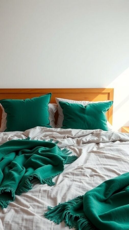 A cozy bed with emerald green pillows and throws, contrasting with neutral bedding.