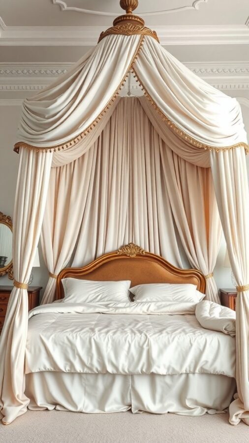 A chic canopy bed with elegant drapery and a stylish headboard, creating a cozy bedroom atmosphere.