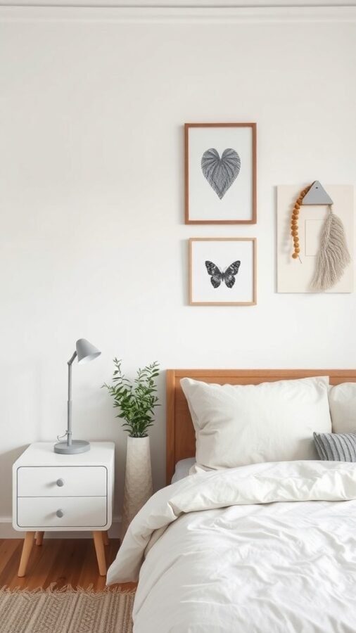 Minimal bedroom with simple wall art and a cozy bed