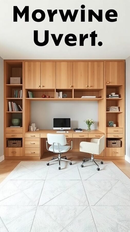 A modern office space with wooden cabinetry, a desk, and two chairs, designed for dual use as an office and guest bedroom.