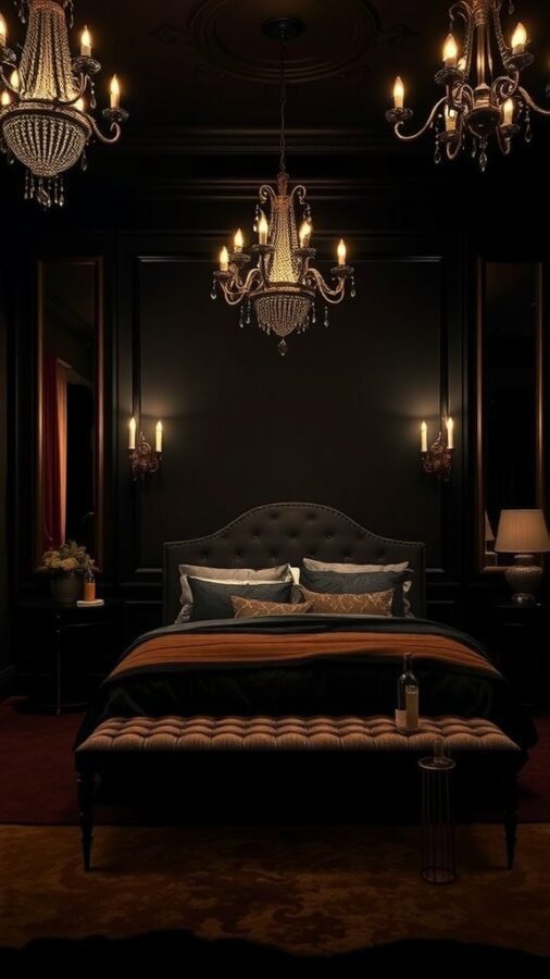 A bedroom with dark walls, elegant chandeliers, and a luxurious bed.