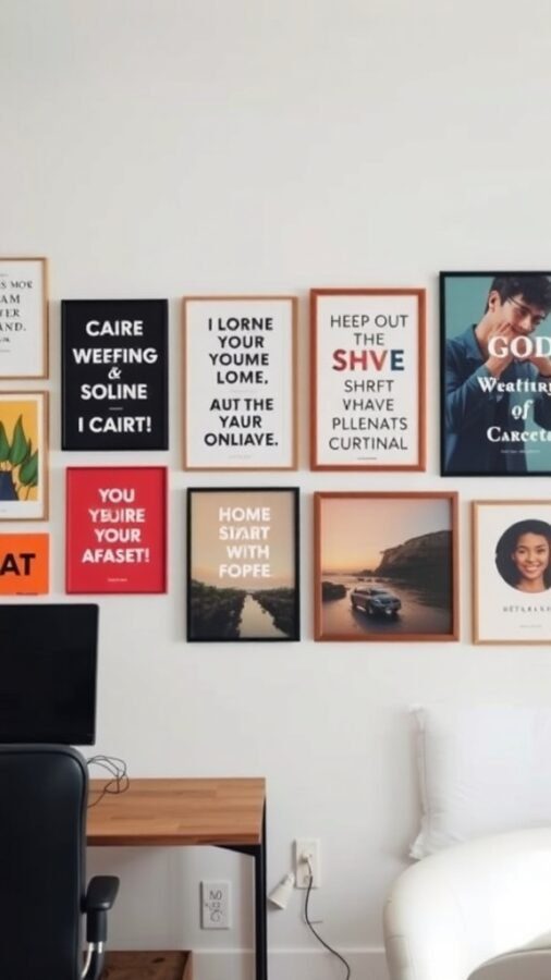 A wall decorated with various framed art pieces and motivational quotes in an office space.