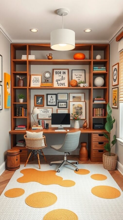 A whimsical office space featuring wooden shelves filled with decor, a modern desk, and a playful rug with orange spots.