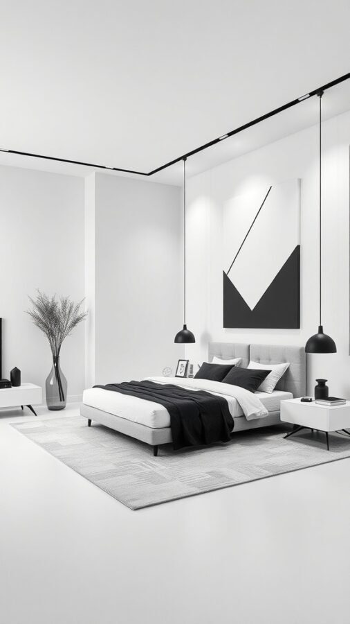 A modern bedroom featuring a monochrome color scheme with a bed, artwork, and stylish decor.