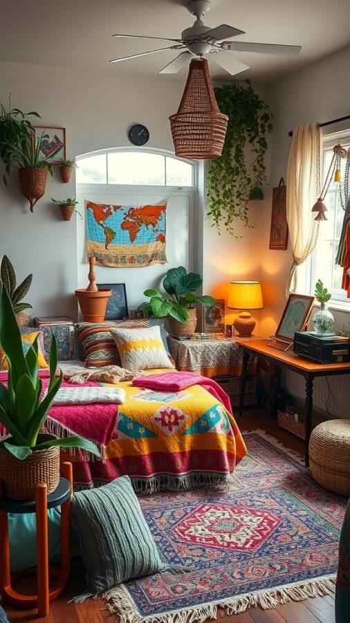 A cozy bohemian bedroom with colorful textiles, plants, and warm lighting.