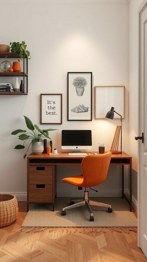 15 Creative Small Home Office Ideas for Maximum Productivity 15 Cozy small home office with a wooden desk, orange chair, plants, and wall art.