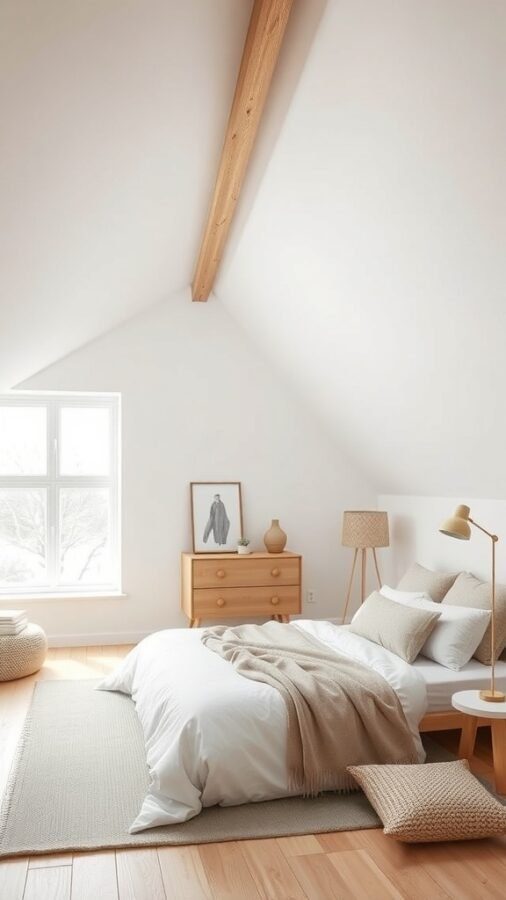 A minimalist Scandinavian attic bedroom with wooden beams, a cozy bed, and natural light.