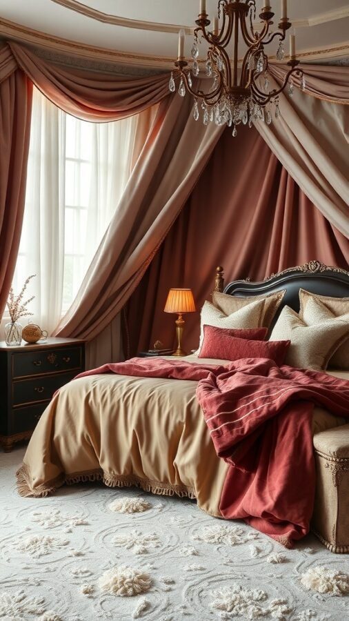 A luxurious bedroom with layered fabrics, featuring a bed with rich textures, warm colors, and elegant curtains.