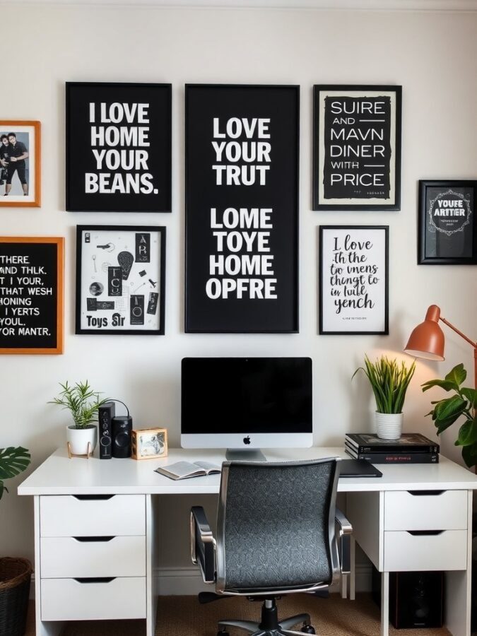 A modern home office featuring inspiring wall art with motivational phrases and a sleek desk setup.