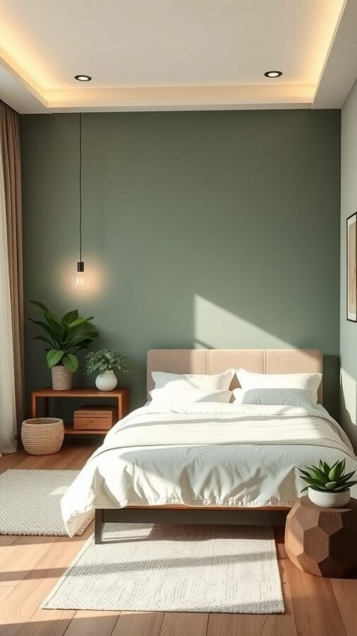 A serene spa-inspired guest bedroom featuring a muted green wall, wooden flooring, a plush bed with white linens, and decorative plants.