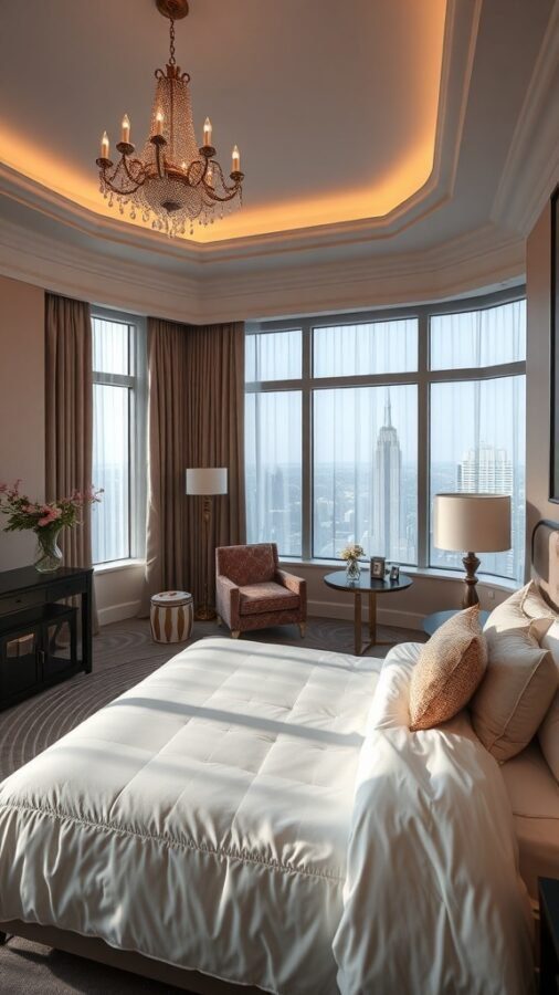 Luxurious hotel suite with a city view, featuring a chandelier, plush bedding, and stylish furniture.