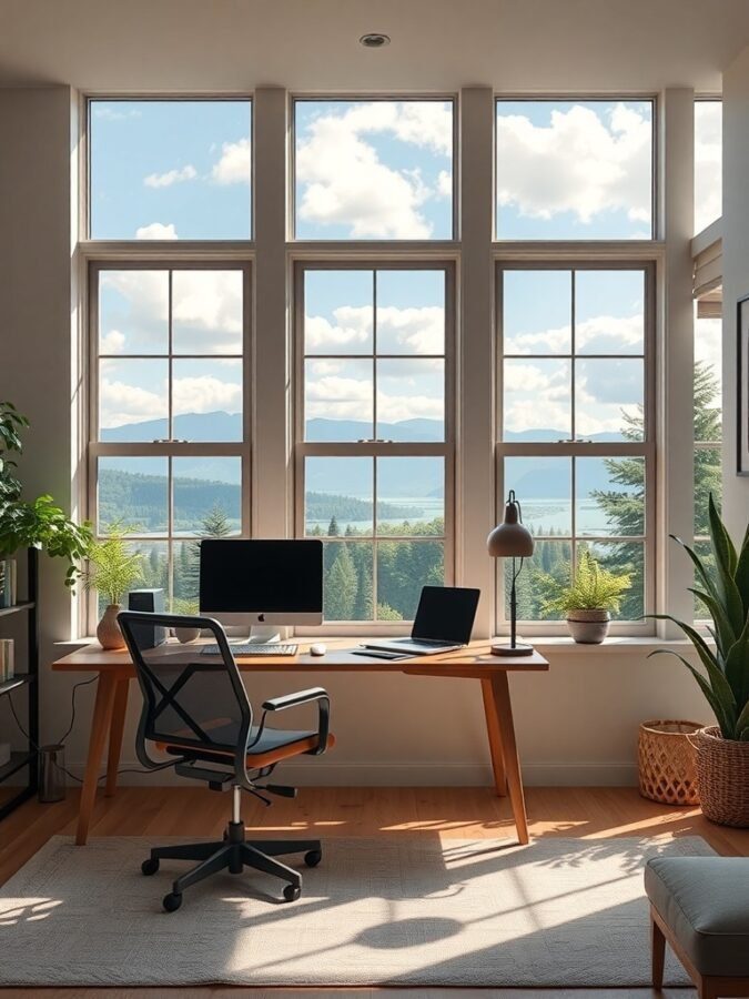 A modern home office with large windows offering a view of rolling hills and greenery.