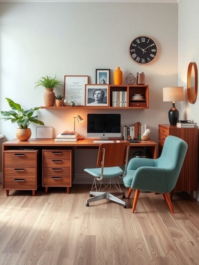 A modern home office featuring a wooden desk, light blue chair, plants, and vintage decor elements.