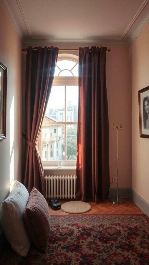 A cozy bedroom corner featuring brown curtains, a window, and decorative elements.