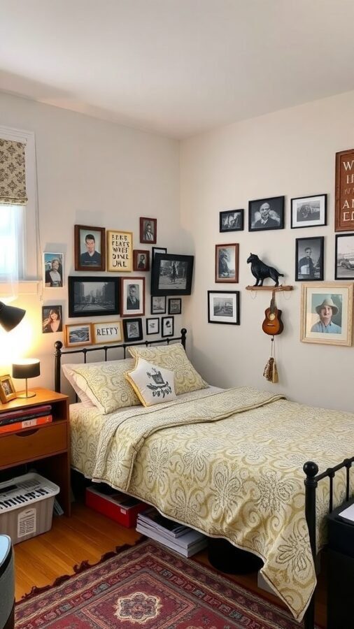 A cozy bedroom featuring a bed with a patterned comforter, framed photos on the walls, a bedside table with a lamp, and a vintage rug.