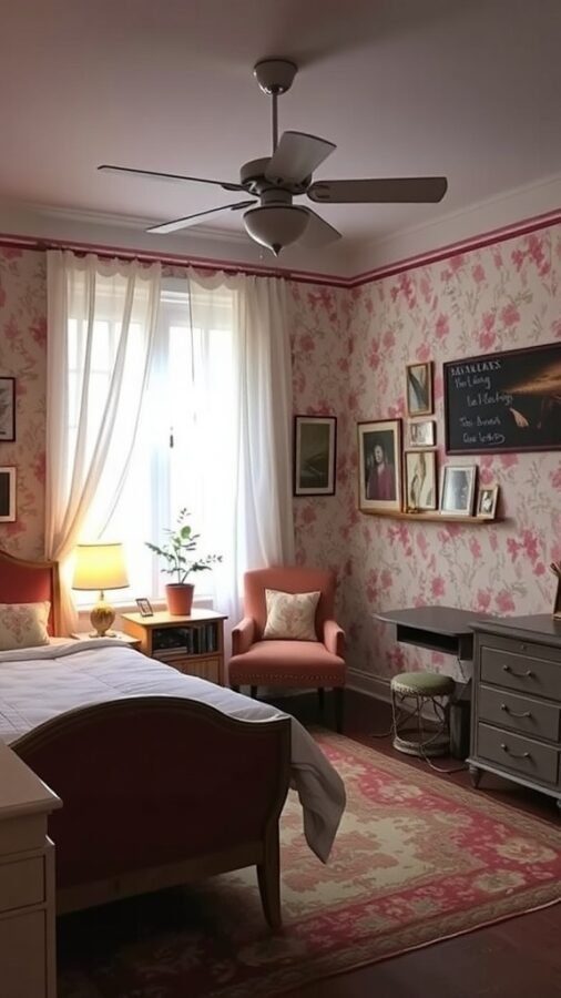 A vintage-style bedroom featuring floral wallpaper, a cozy bed, a warm lamp, and vintage furniture.