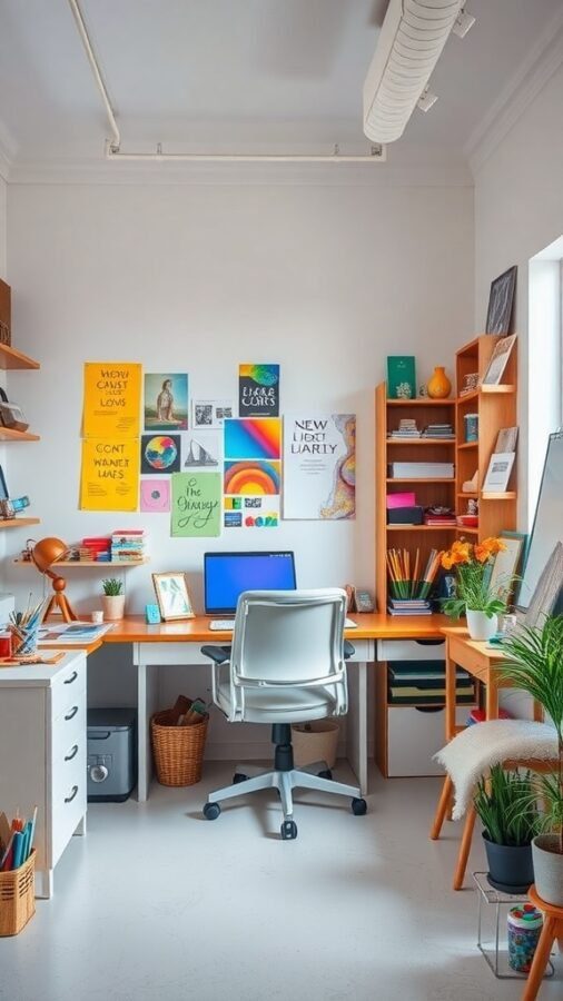 A colorful and artistic home office with vibrant posters, a wooden desk, and plants.