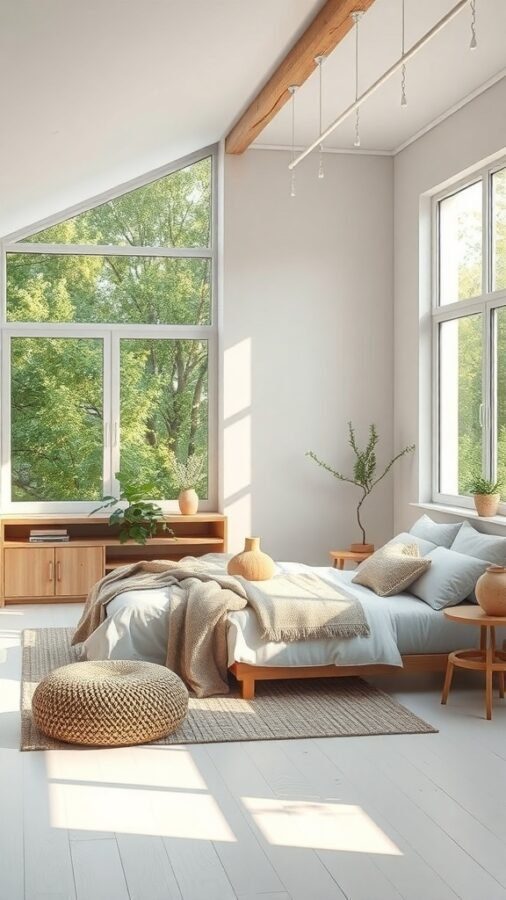 14 Stunning White Bedroom Ideas for a Dreamy Retreat 12 Bright white bedroom with large windows, greenery outside, wooden accents, and cozy decor.