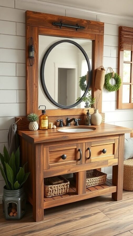 Rustic farmhouse vanity with wooden finish, round mirror, and storage baskets