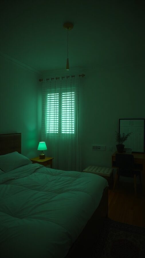 A softly lit bedroom with green lighting, featuring a bed, a lamp, and a desk.