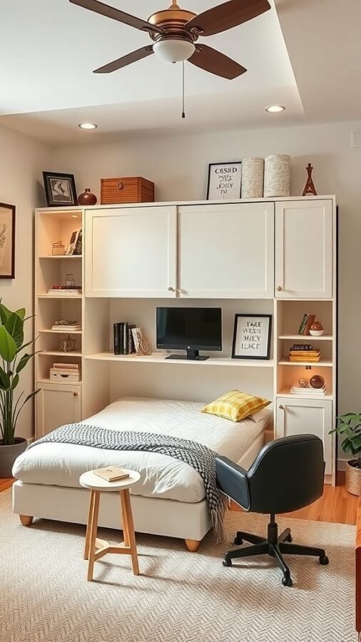 Cozy home office with a Murphy bed, featuring light furniture, a small plant, and a comfortable chair.