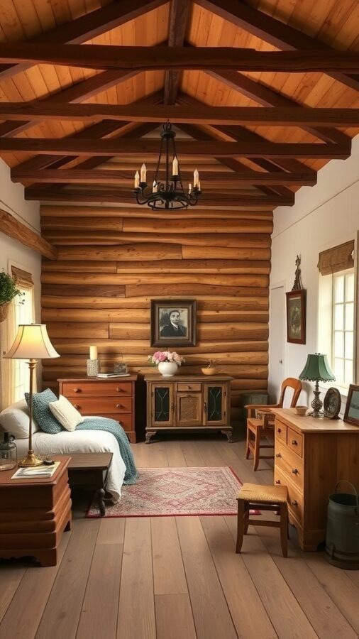 Cozy rustic farmhouse bedroom with wooden beams, log walls, and simple furniture.